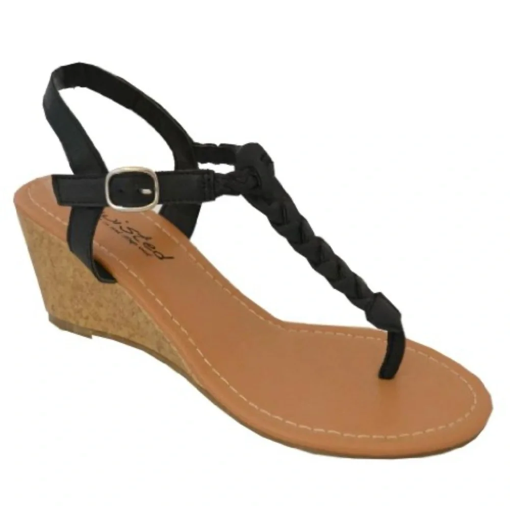 Twisted Riley T-strap Wedge Sandal Black Braided Thong Sandals Size 8